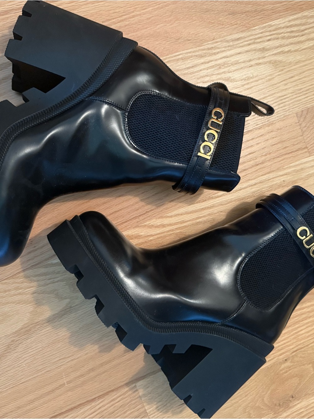 Gucci Cara Logo Boot, Leather Lug Sole Ankle Boots with Gold Logo Strap